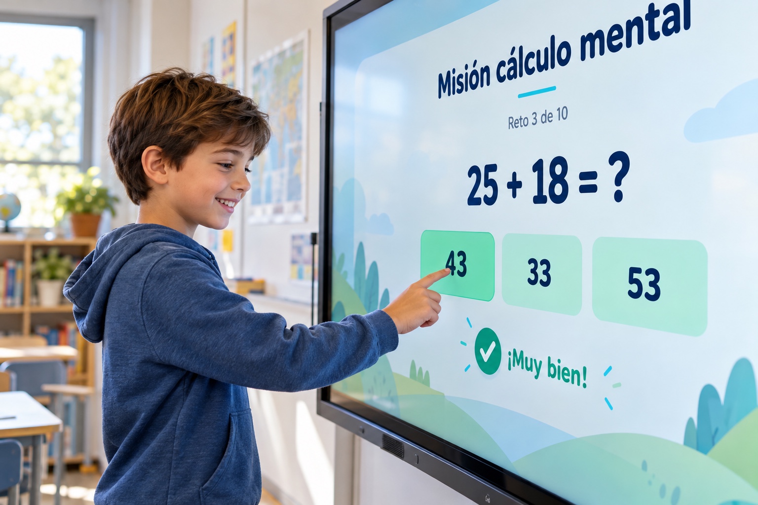 Un niño resuelve una suma en un panel interactivo con el juego Misión cálculo mental